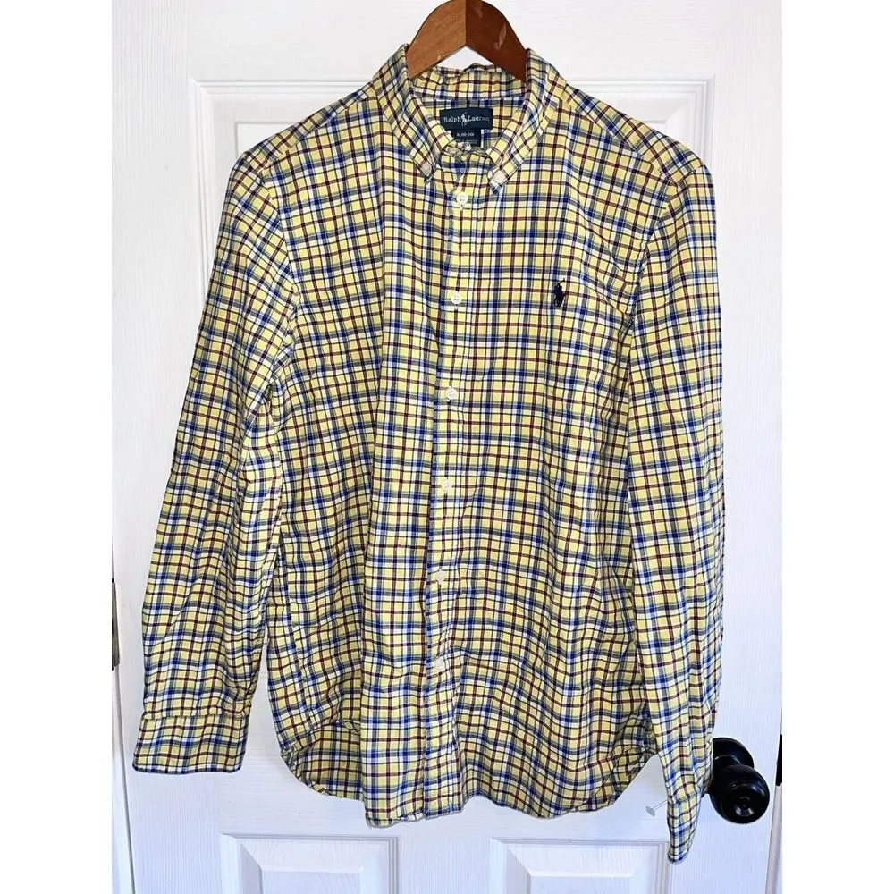 Ralph Lauren Button Down Long Sleeve Shirt Boys‎ Sz XL 18-20 Yellow Blue Plaid